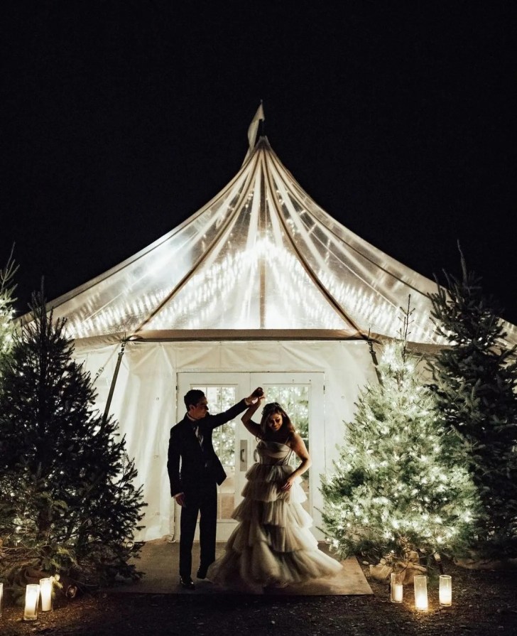 rustic best Christmas wedding ideas with wedding reception on an evergreen conifer farm