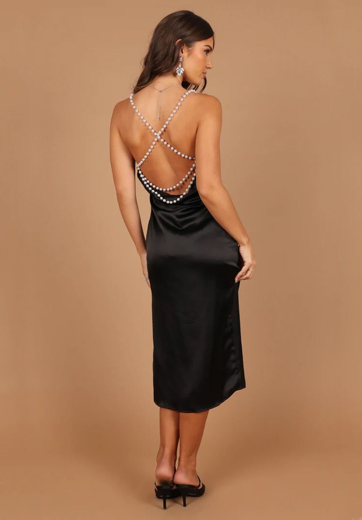 sexy embellished pearl backless black dress best sexy Christmas outfits