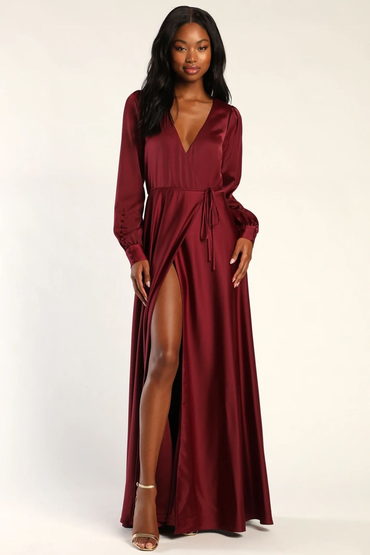 sexy wrap-style satin dark wine red wedding dresses