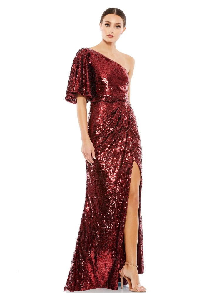 sparkly sequin one-shoulder wine red wedding dresses