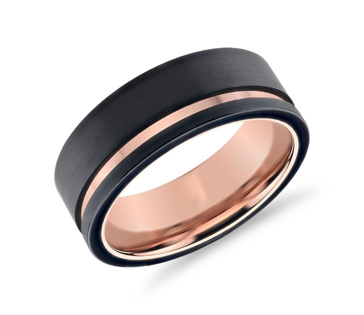 tungsten with rose gold inlay and inner band mens black wedding ring