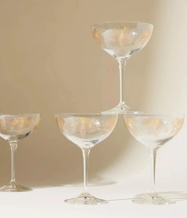vintage best coupe champagne glasses with gold etched nature-inspired details