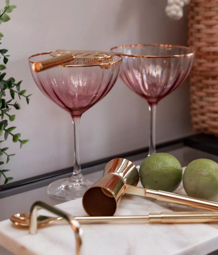 vintage inspired pink best coupe champagne glasses with gold rim