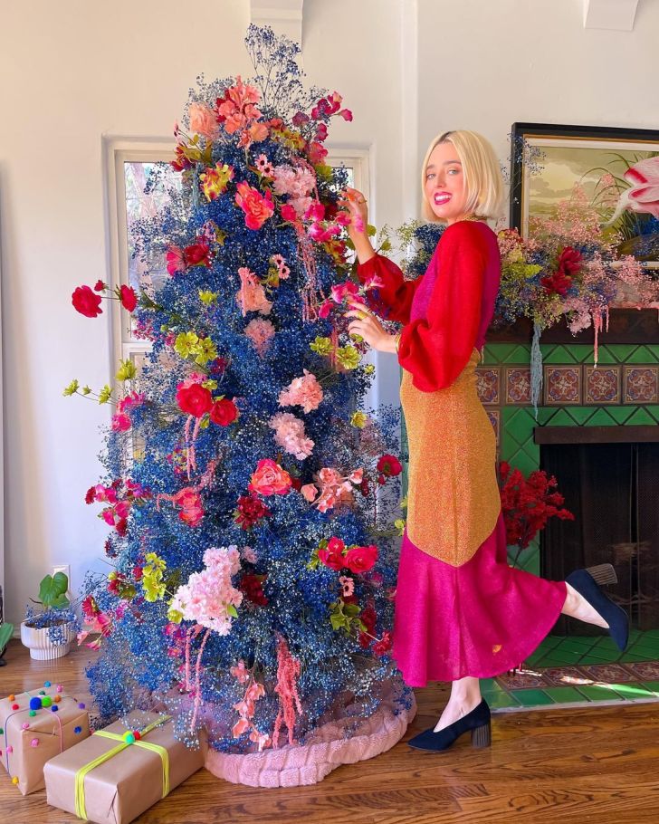whimsical blue and neon flower Christmas tree
