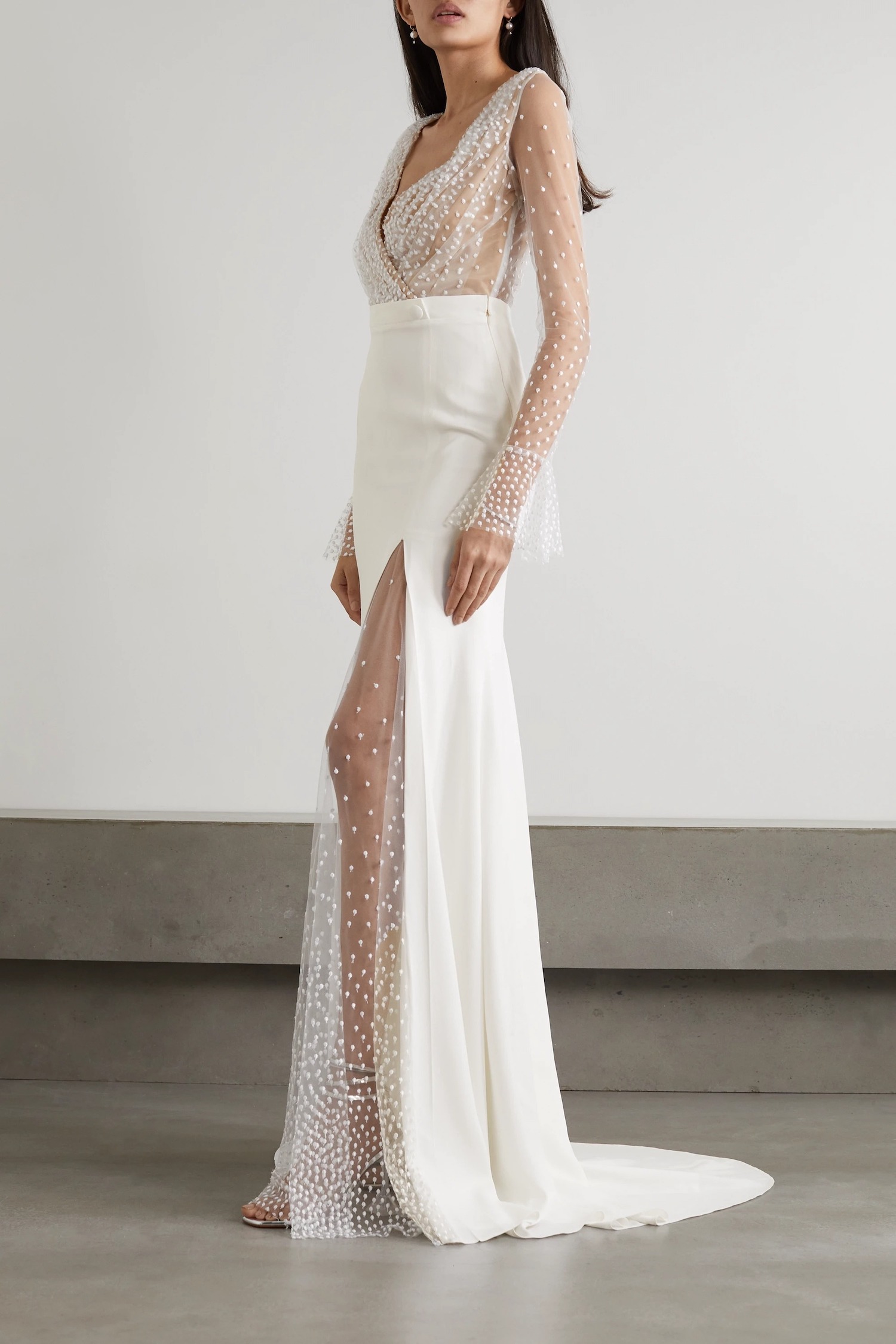 whimsical sheer tulle and crepe designer wedding dresses online by Rime Arodaky on Net-a-Porter