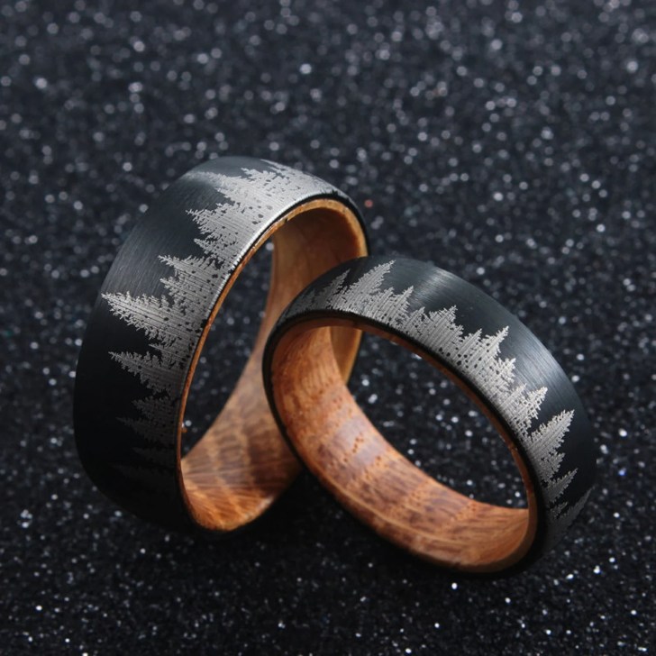 whiskey barrel and forest engraved mens tungsten wedding ring