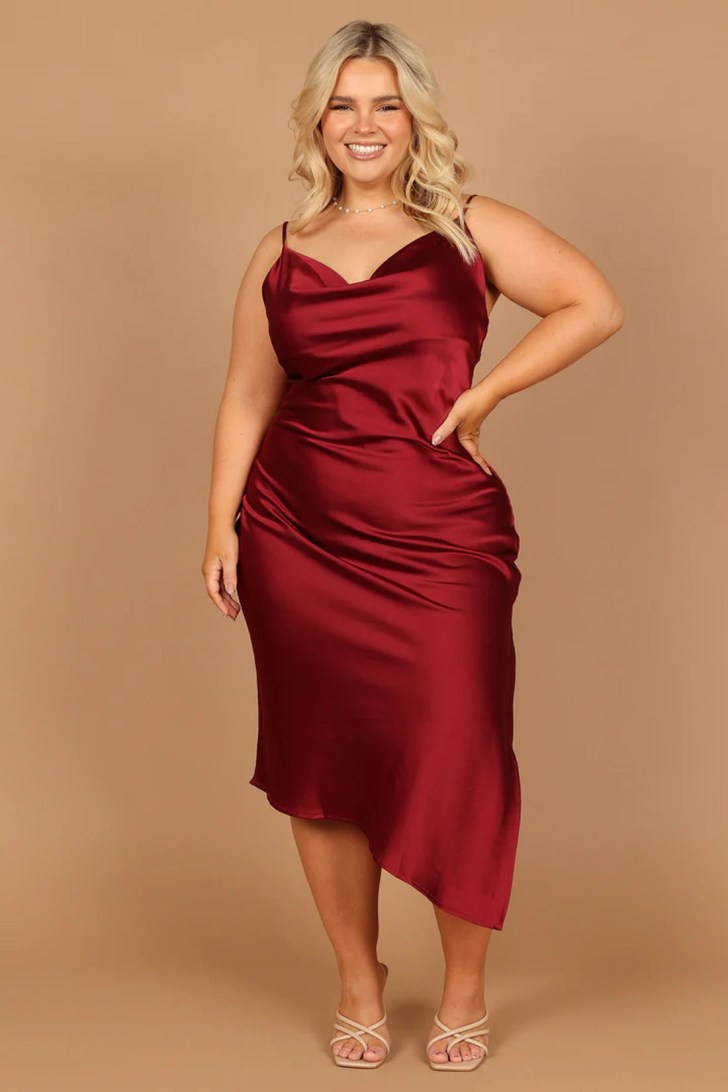 best classy wine red cowl neck slip dress for a holiday party