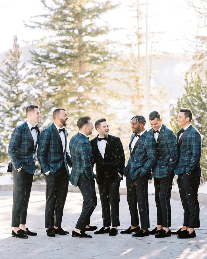 winter wonderland best Christmas wedding ideas where wedding party is in holiday inspired plaid jackets